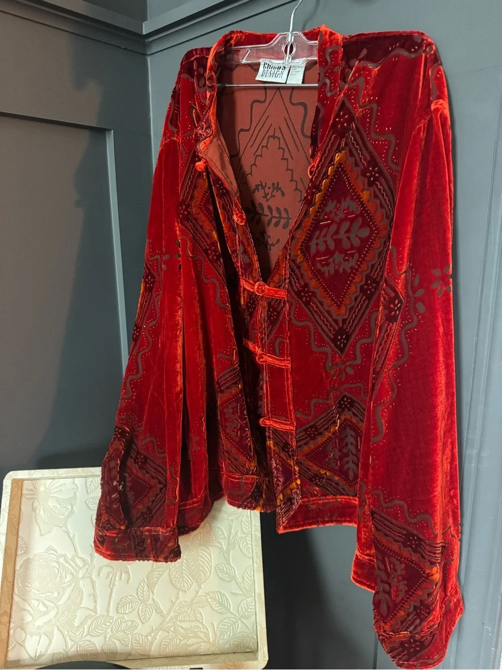 Chico's Red Velvet Embroidered Jacket - Picture 6 of 6